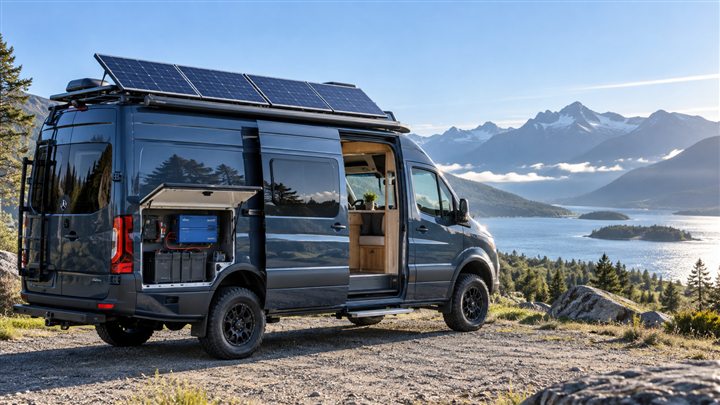 Çatısında güneş panelleri bulunan off-grid karavan
