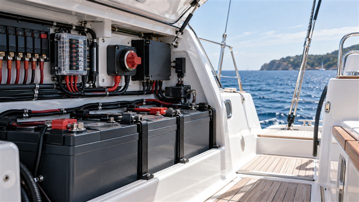 Teknede marin akü bankası ve korumalı elektrik sistemi